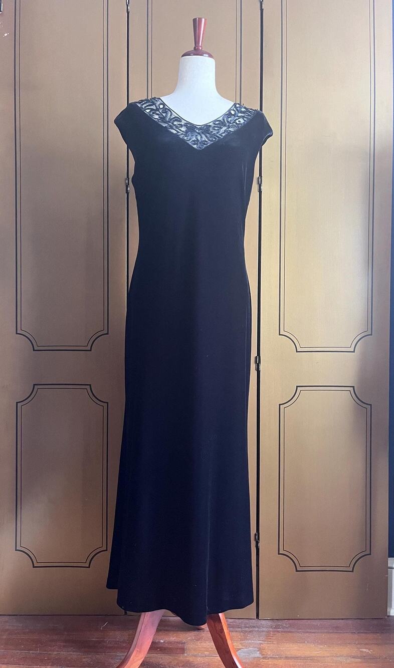Vintage black velvet maxi dress with lace neckline, size 8
